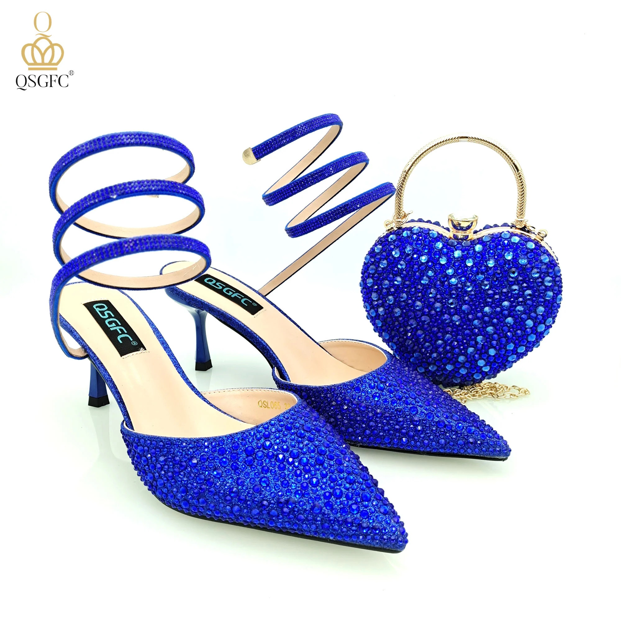 QSGFC Fashionable Girly Style Shoes And Bag Full Diamond Women's Pointed Toe High Heels African Popular Wedding Shoes and Bag