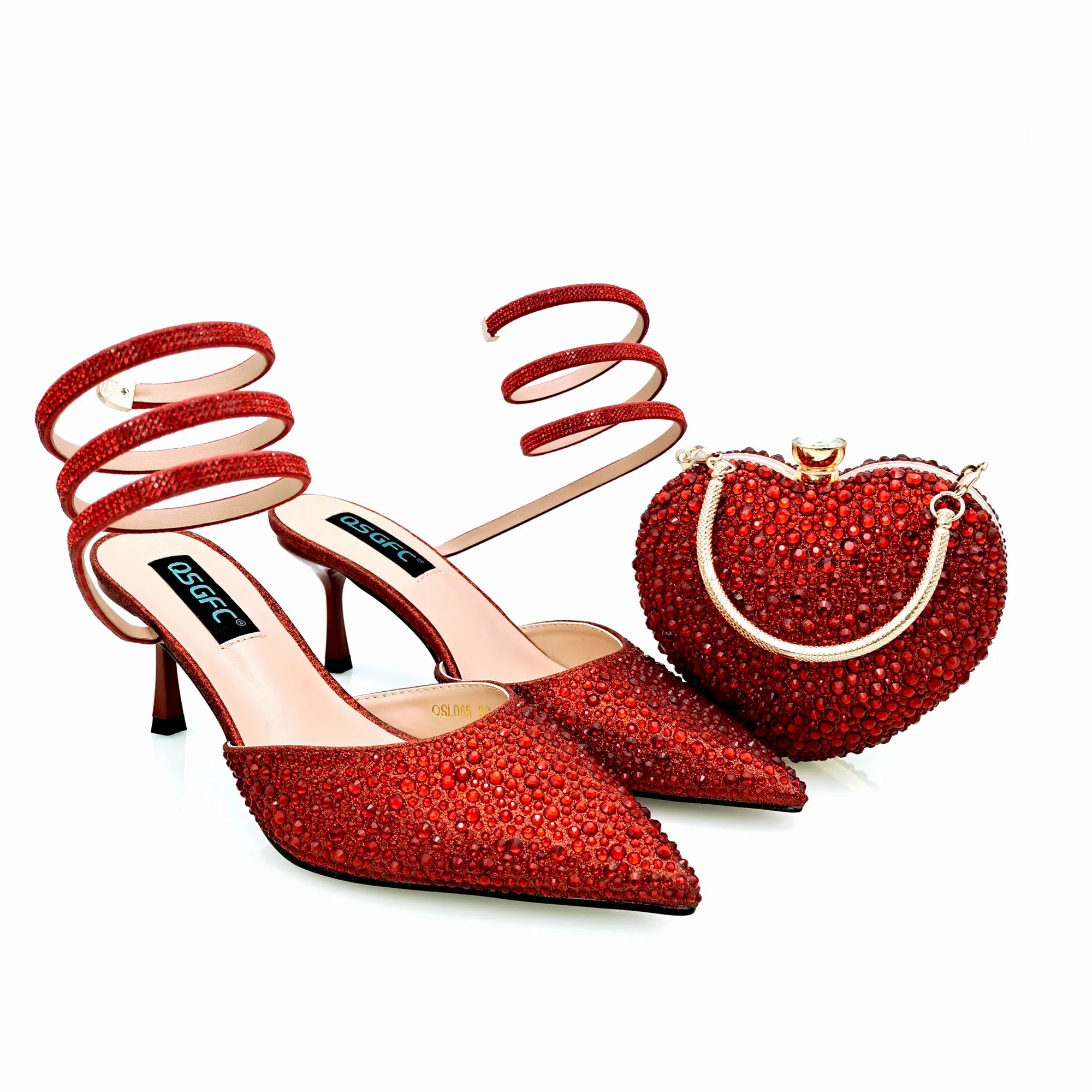 QSGFC Fashionable Girly Style Shoes And Bag Full Diamond Women's Pointed Toe High Heels African Popular Wedding Shoes and Bag