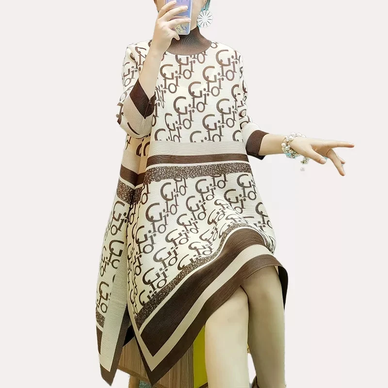 Miyake Fold Pleated Mid-length Dress Pleated Dress Atmospheric Printing Many Spot Goods Can Be Quickly Shi Autumn and Winter2022
