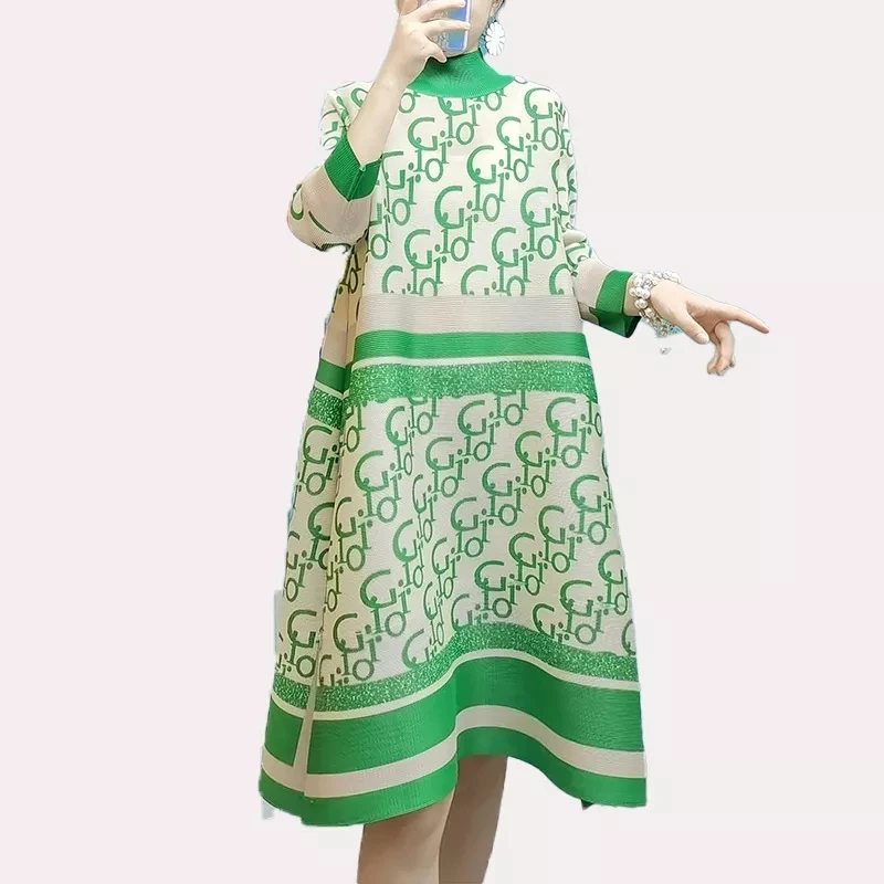 Miyake Fold Pleated Mid-length Dress Pleated Dress Atmospheric Printing Many Spot Goods Can Be Quickly Shi Autumn and Winter2022