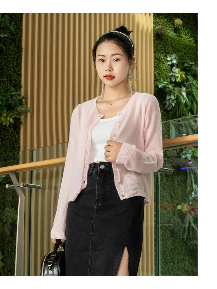 Pink Clothing Cropped Knitted Ladies Sweaters Cardigan Female Women's Coat Spring 2025 Tricot Outerwear Crochet Top Jersey Black