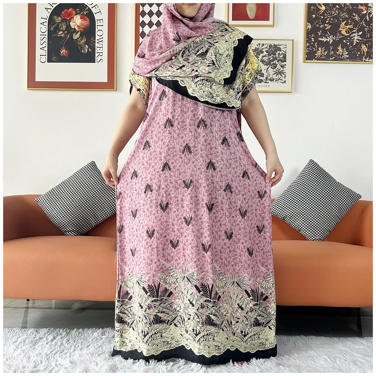 2 Pieces African Dashiki Floral Printing Loose Cotton Caftan Lady Summer Maxi Casual Dresses With Scarf Vestidos Short Sleeve