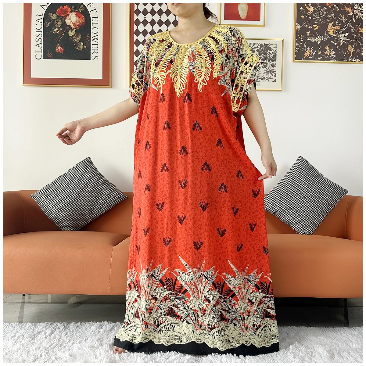 2 Pieces African Dashiki Floral Printing Loose Cotton Caftan Lady Summer Maxi Casual Dresses With Scarf Vestidos Short Sleeve