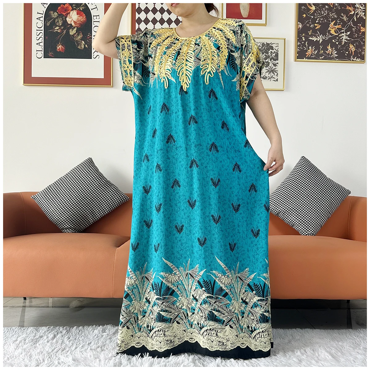 2 Pieces African Dashiki Floral Printing Loose Cotton Caftan Lady Summer Maxi Casual Dresses With Scarf Vestidos Short Sleeve