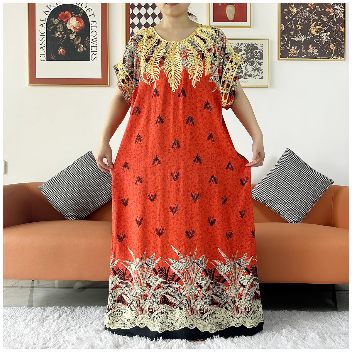 2 Pieces African Dashiki Floral Printing Loose Cotton Caftan Lady Summer Maxi Casual Dresses With Scarf Vestidos Short Sleeve