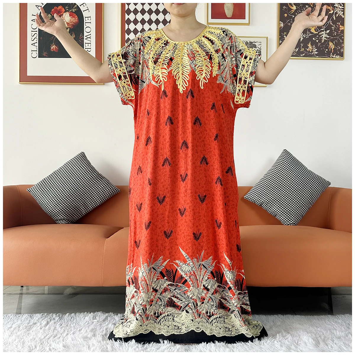2 Pieces African Dashiki Floral Printing Loose Cotton Caftan Lady Summer Maxi Casual Dresses With Scarf Vestidos Short Sleeve