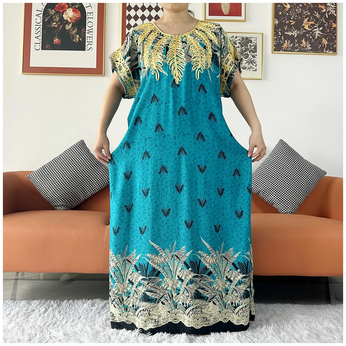 2 Pieces African Dashiki Floral Printing Loose Cotton Caftan Lady Summer Maxi Casual Dresses With Scarf Vestidos Short Sleeve