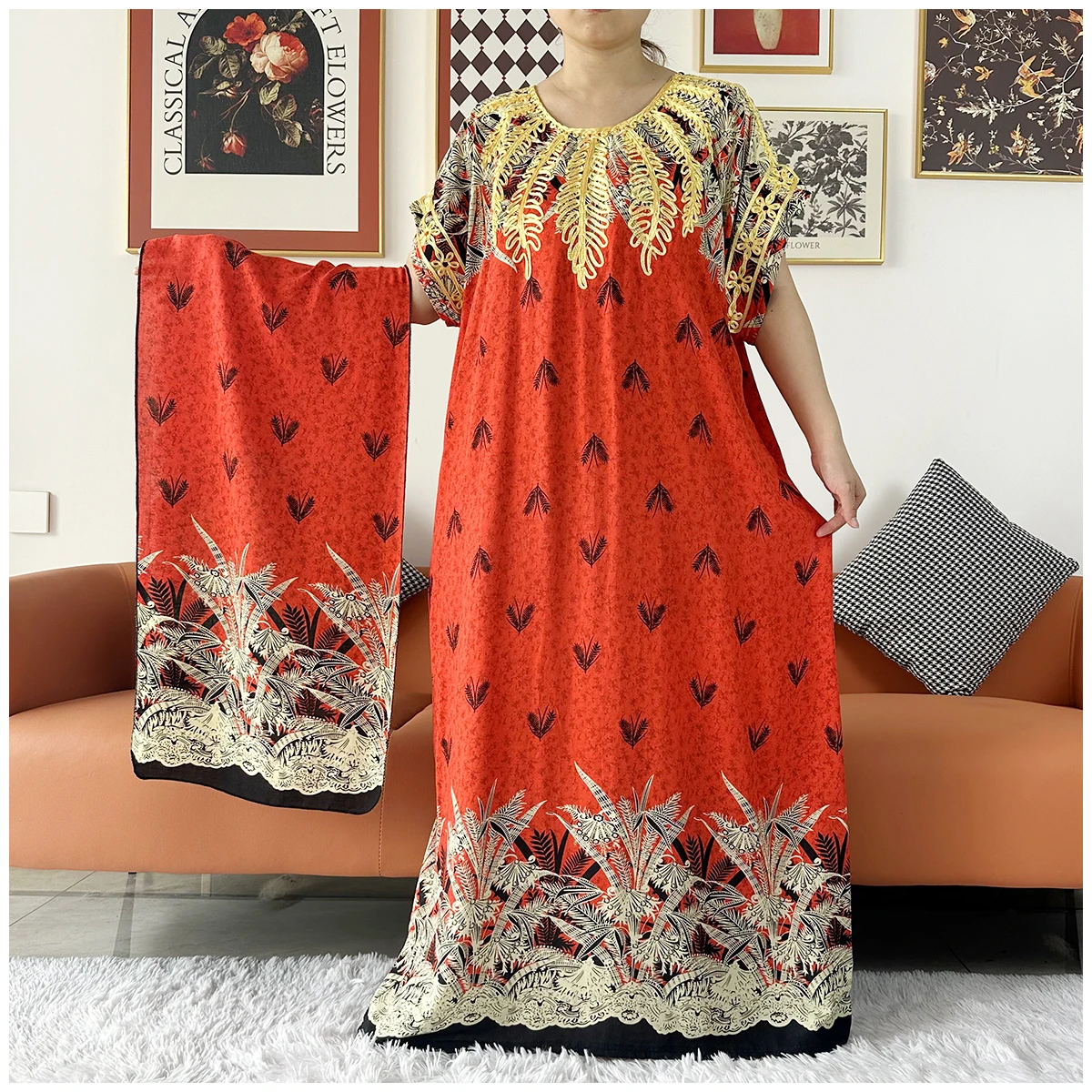 2 Pieces African Dashiki Floral Printing Loose Cotton Caftan Lady Summer Maxi Casual Dresses With Scarf Vestidos Short Sleeve