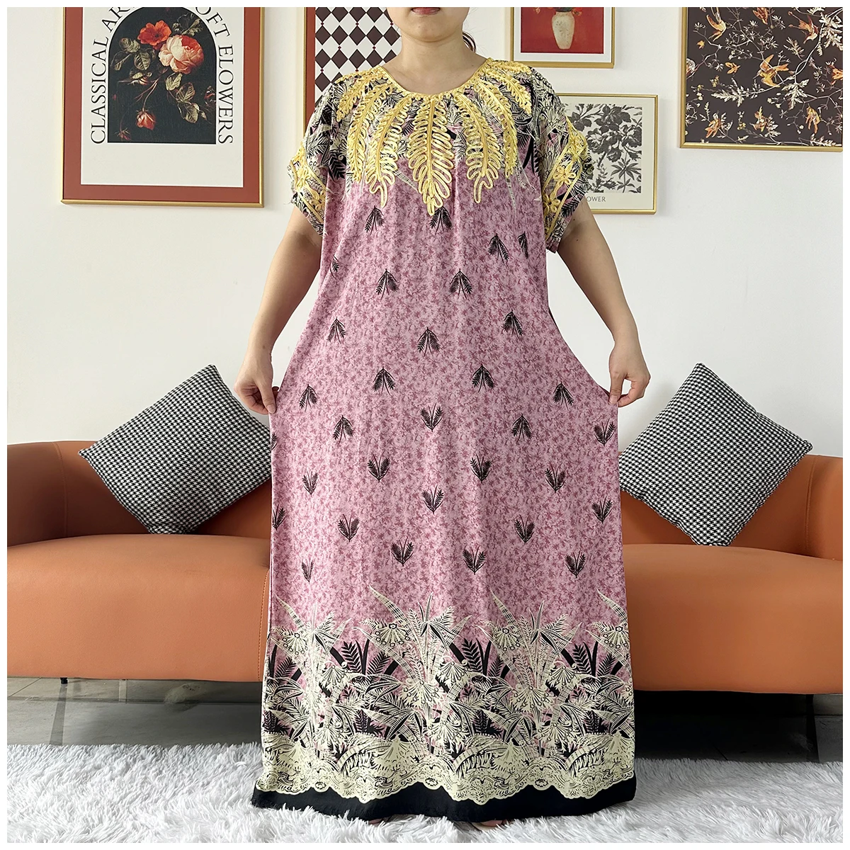 2 Pieces African Dashiki Floral Printing Loose Cotton Caftan Lady Summer Maxi Casual Dresses With Scarf Vestidos Short Sleeve