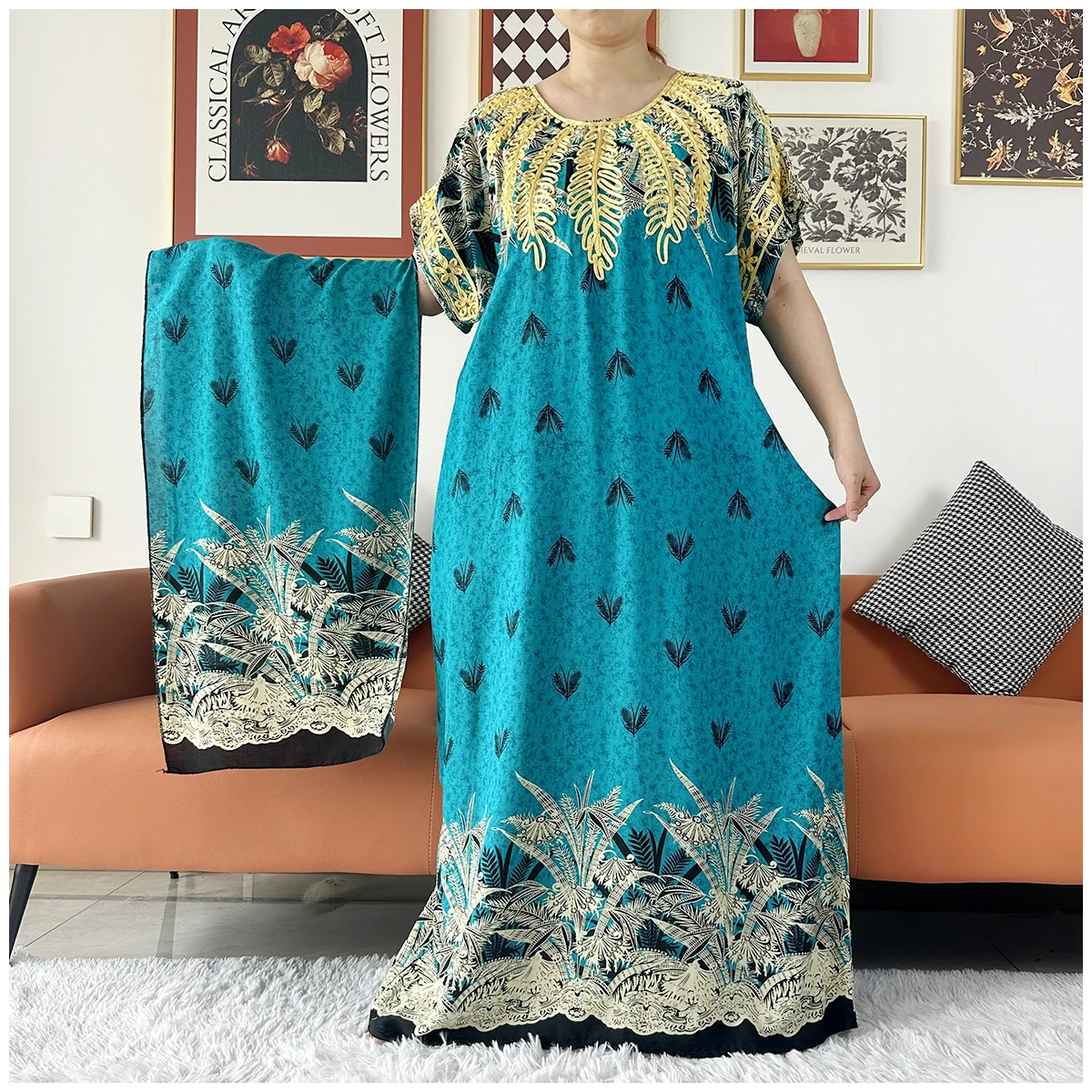 2 Pieces African Dashiki Floral Printing Loose Cotton Caftan Lady Summer Maxi Casual Dresses With Scarf Vestidos Short Sleeve