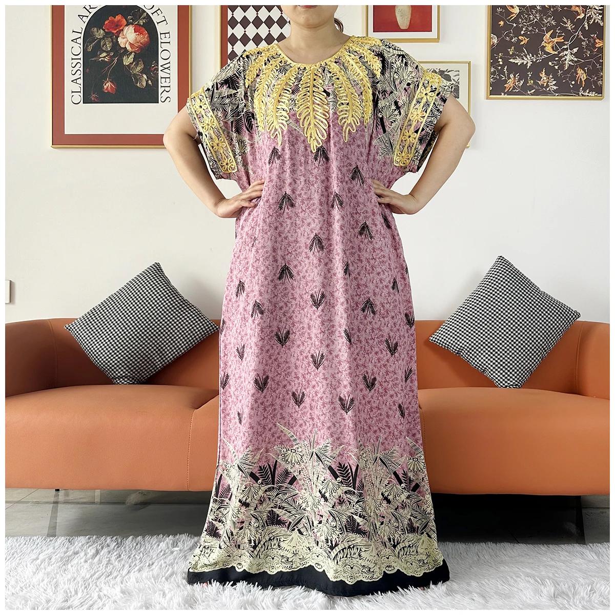 2 Pieces African Dashiki Floral Printing Loose Cotton Caftan Lady Summer Maxi Casual Dresses With Scarf Vestidos Short Sleeve