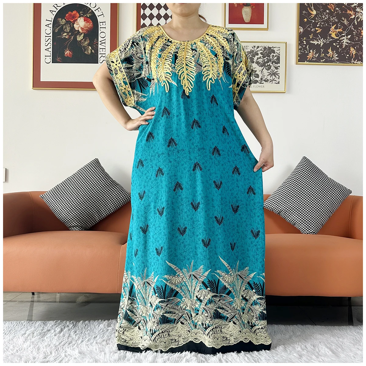 2 Pieces African Dashiki Floral Printing Loose Cotton Caftan Lady Summer Maxi Casual Dresses With Scarf Vestidos Short Sleeve