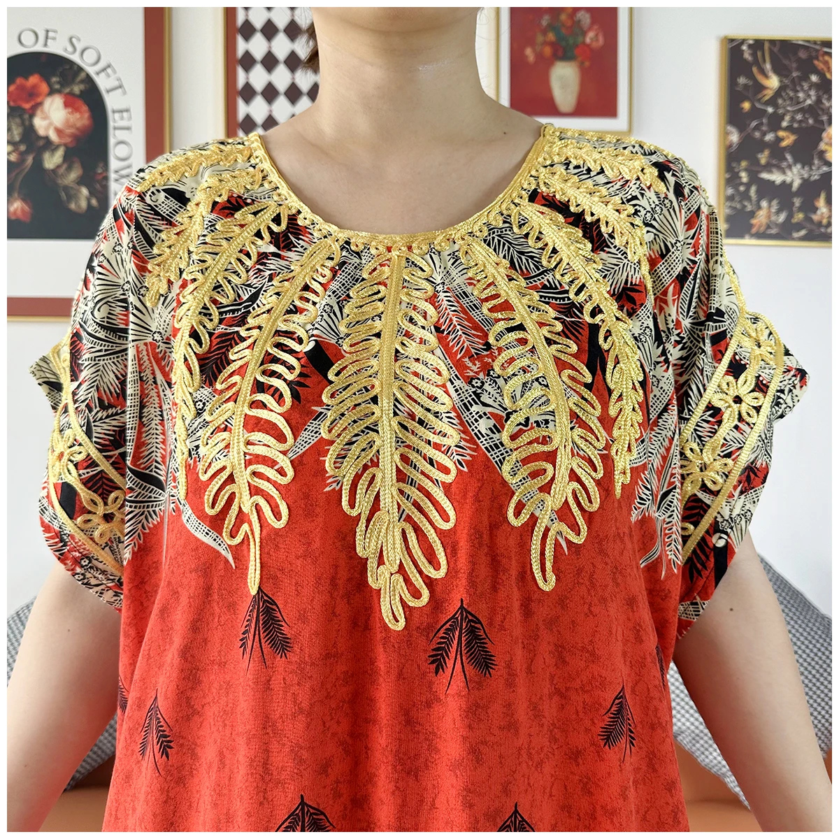 2 Pieces African Dashiki Floral Printing Loose Cotton Caftan Lady Summer Maxi Casual Dresses With Scarf Vestidos Short Sleeve