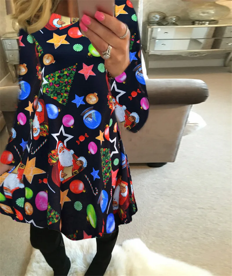 Christmas Mini Dresses For Women Fashion Christmas Trees Print Long Sleeve Loose Dress 2022 New Year Autumn Ladies Party Dress