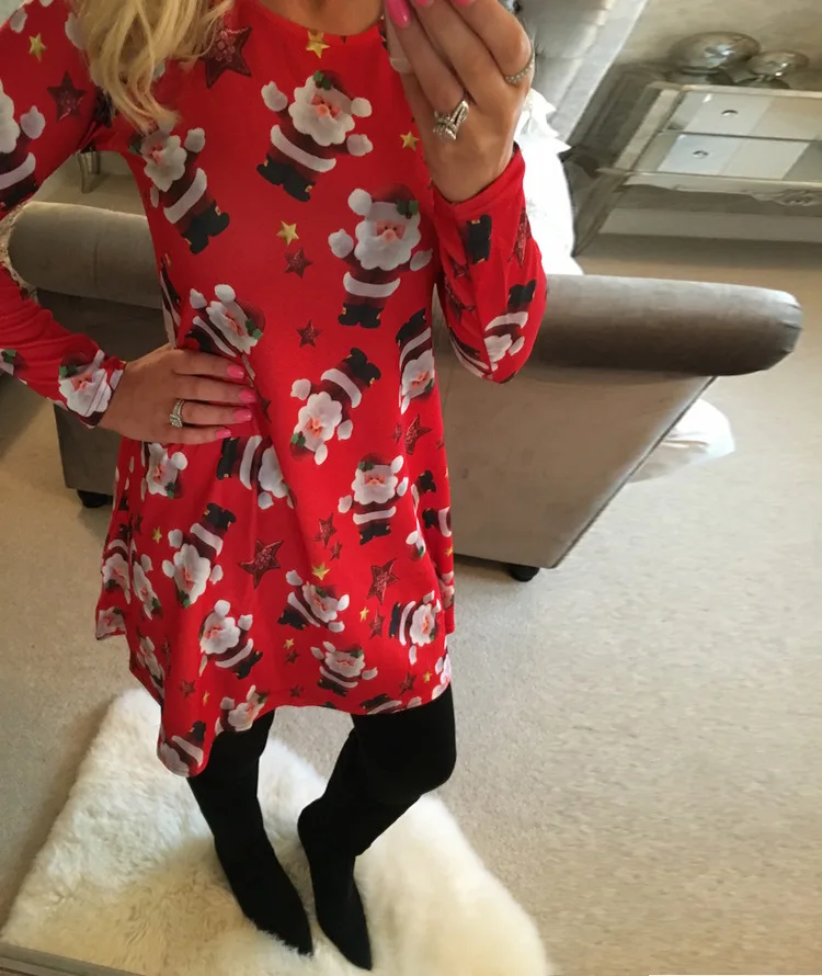 Christmas Mini Dresses For Women Fashion Christmas Trees Print Long Sleeve Loose Dress 2022 New Year Autumn Ladies Party Dress