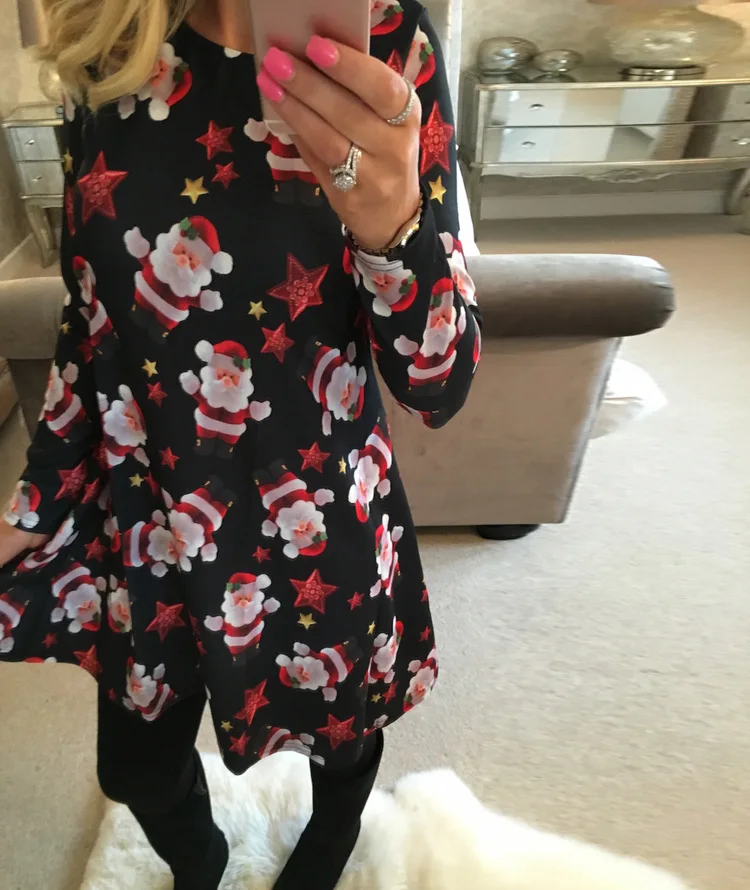 Christmas Mini Dresses For Women Fashion Christmas Trees Print Long Sleeve Loose Dress 2022 New Year Autumn Ladies Party Dress