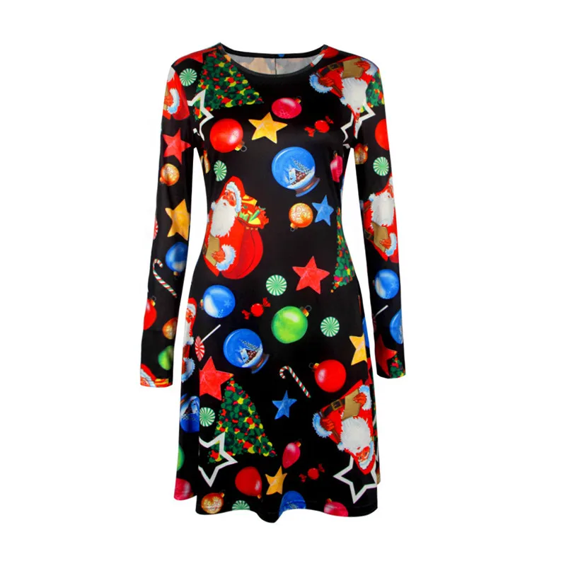 Christmas Mini Dresses For Women Fashion Christmas Trees Print Long Sleeve Loose Dress 2022 New Year Autumn Ladies Party Dress