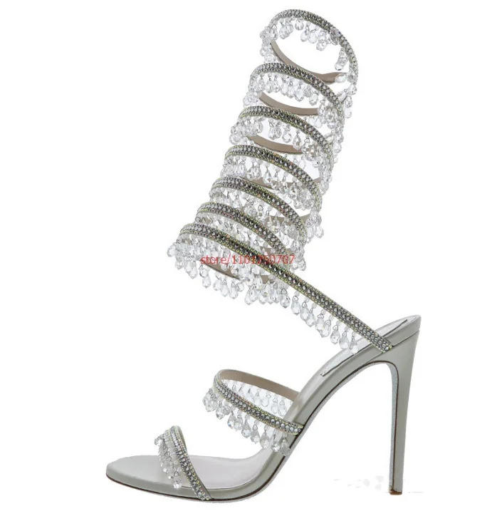 Ankle Snake Wrap Sandals Woman Summer Open Toe Crystal Fringe Wedding Bridal Shoes Fashion Luxury High Heel Pumps