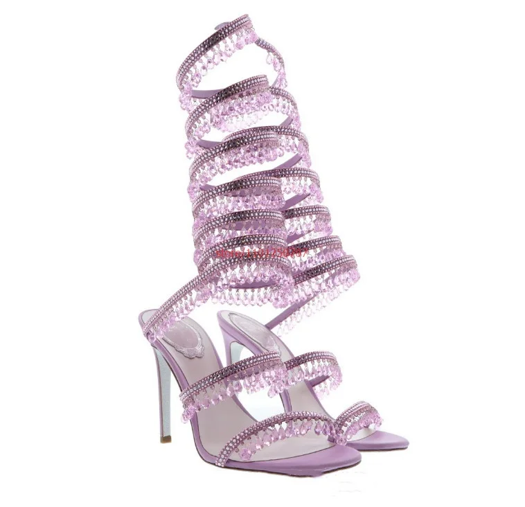 Ankle Snake Wrap Sandals Woman Summer Open Toe Crystal Fringe Wedding Bridal Shoes Fashion Luxury High Heel Pumps