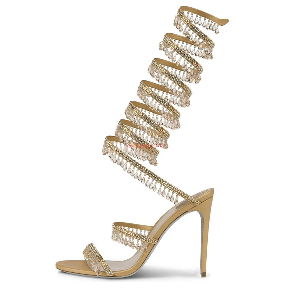 Ankle Snake Wrap Sandals Woman Summer Open Toe Crystal Fringe Wedding Bridal Shoes Fashion Luxury High Heel Pumps