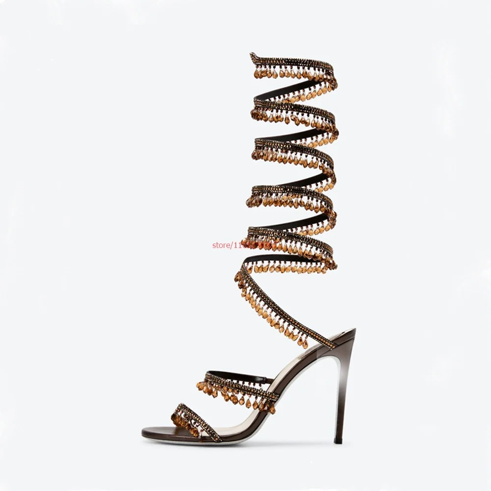 Ankle Snake Wrap Sandals Woman Summer Open Toe Crystal Fringe Wedding Bridal Shoes Fashion Luxury High Heel Pumps