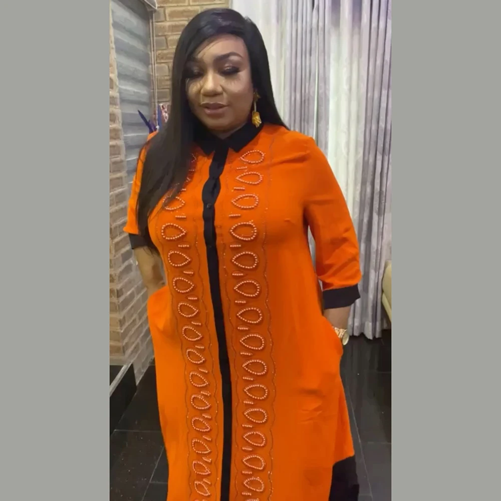 Turkey Stoned Pearled Maxi Shirt Dress African mom dress stretch fashion Embroidered Flares