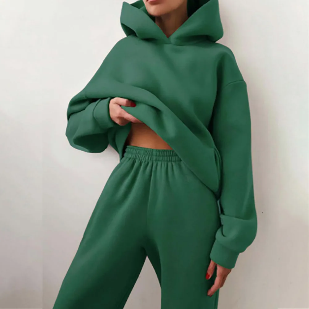 Autumn Women's Tracksuit Two Piece Sets Casual Solid Long Sleeve Hooded Sports Suit Warm Hoodie Sweatshirts Long Pant