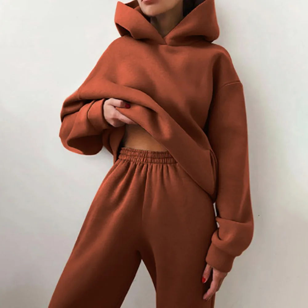 Autumn Women's Tracksuit Two Piece Sets Casual Solid Long Sleeve Hooded Sports Suit Warm Hoodie Sweatshirts Long Pant