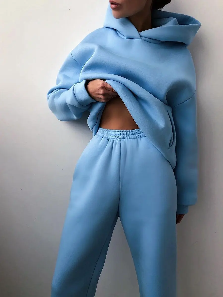 Autumn Women's Tracksuit Two Piece Sets Casual Solid Long Sleeve Hooded Sports Suit Warm Hoodie Sweatshirts Long Pant