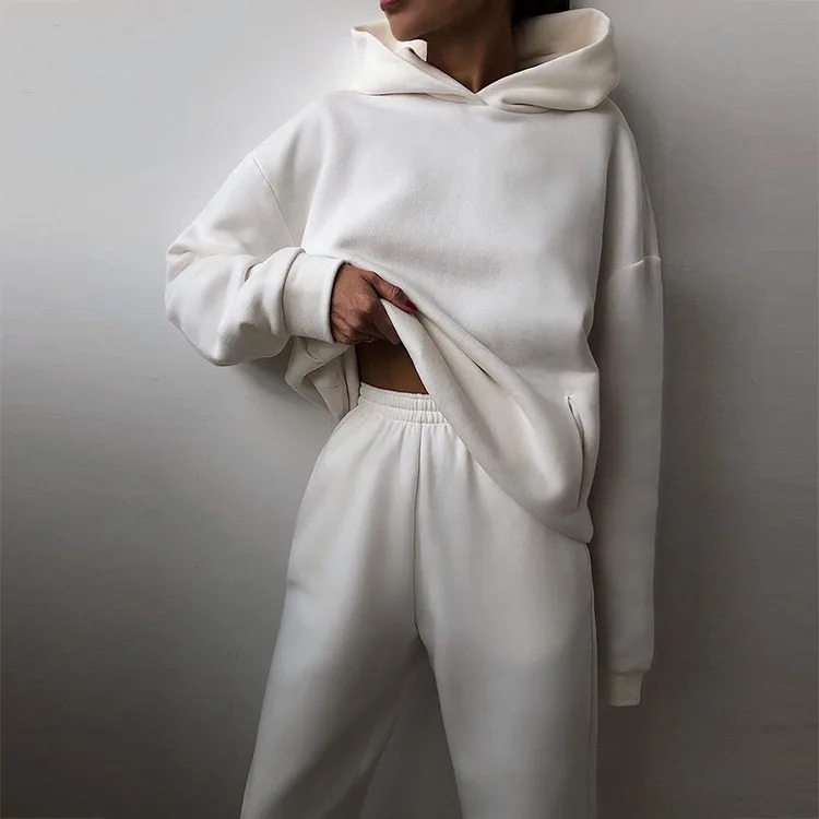 Autumn Women's Tracksuit Two Piece Sets Casual Solid Long Sleeve Hooded Sports Suit Warm Hoodie Sweatshirts Long Pant