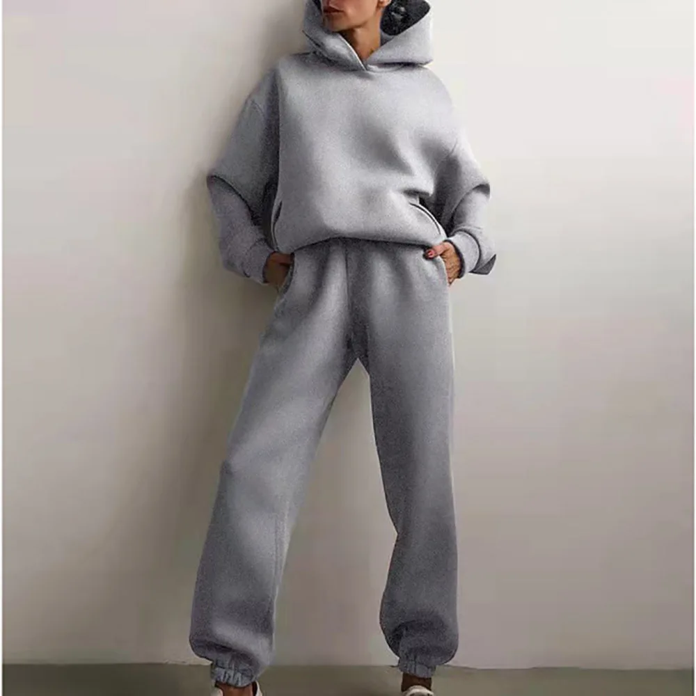 Autumn Women's Tracksuit Two Piece Sets Casual Solid Long Sleeve Hooded Sports Suit Warm Hoodie Sweatshirts Long Pant