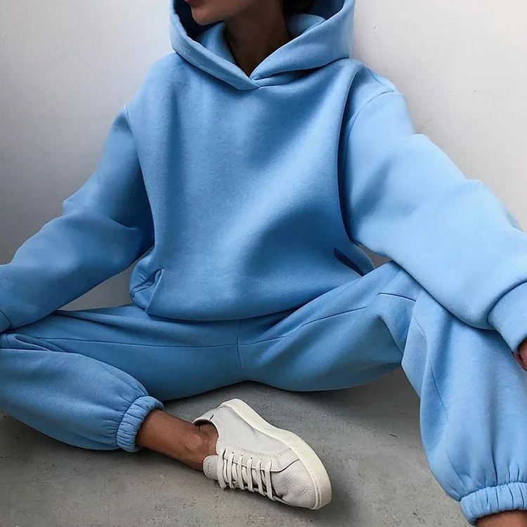 Autumn Women's Tracksuit Two Piece Sets Casual Solid Long Sleeve Hooded Sports Suit Warm Hoodie Sweatshirts Long Pant
