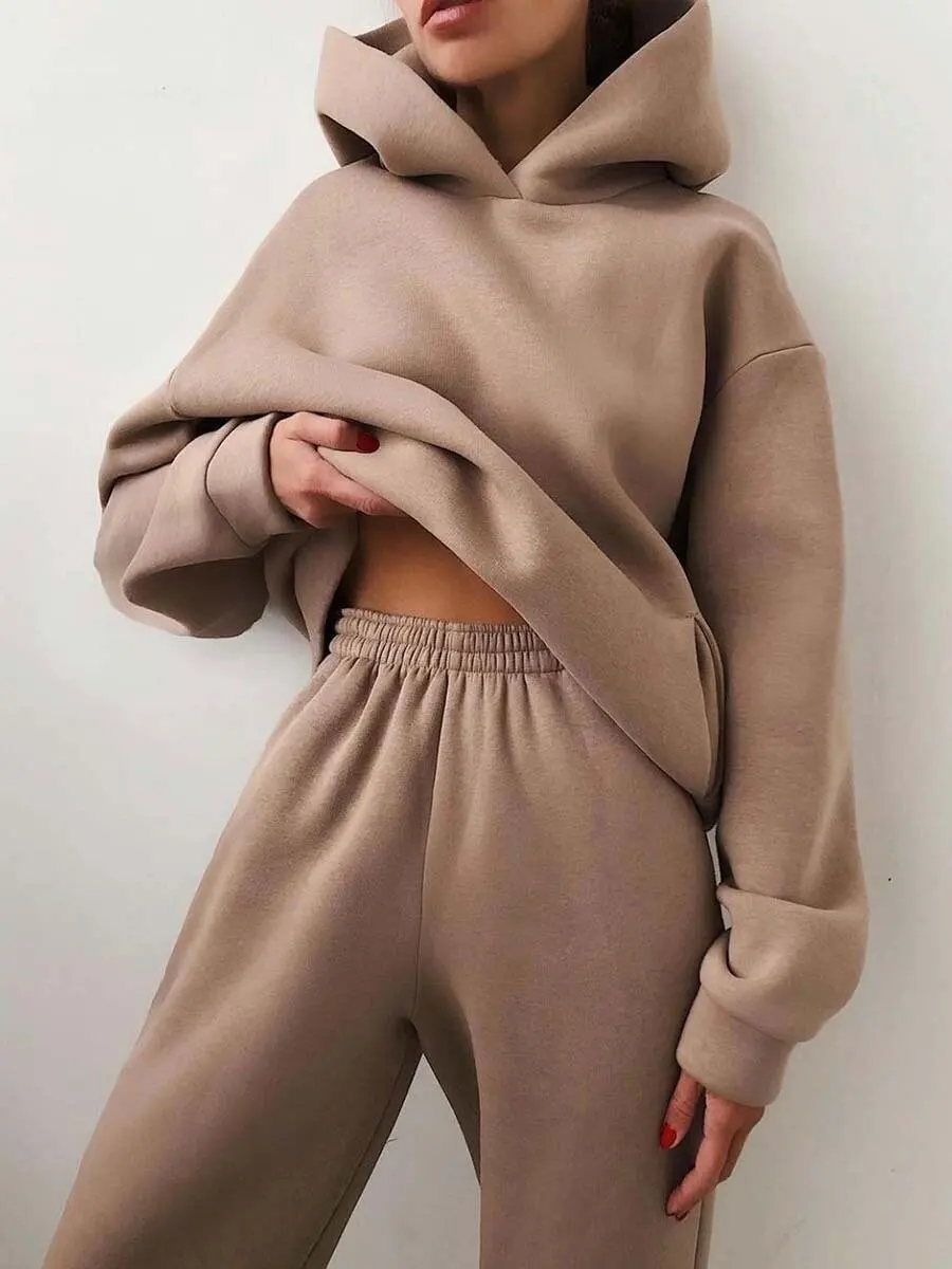 Autumn Women's Tracksuit Two Piece Sets Casual Solid Long Sleeve Hooded Sports Suit Warm Hoodie Sweatshirts Long Pant