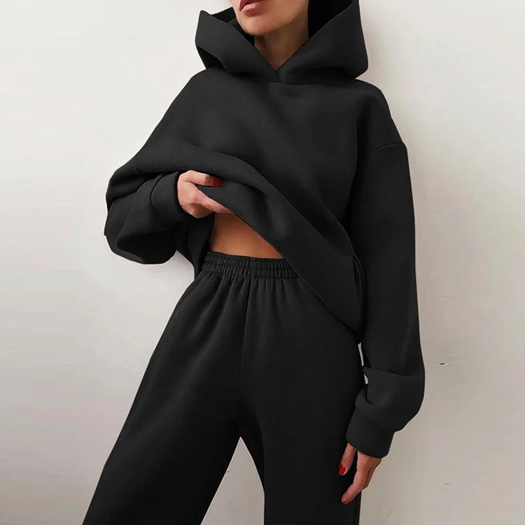 Autumn Women's Tracksuit Two Piece Sets Casual Solid Long Sleeve Hooded Sports Suit Warm Hoodie Sweatshirts Long Pant