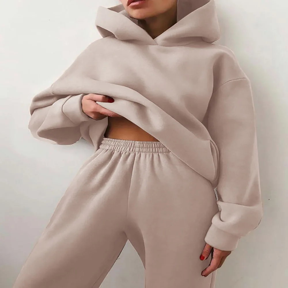 Autumn Women's Tracksuit Two Piece Sets Casual Solid Long Sleeve Hooded Sports Suit Warm Hoodie Sweatshirts Long Pant