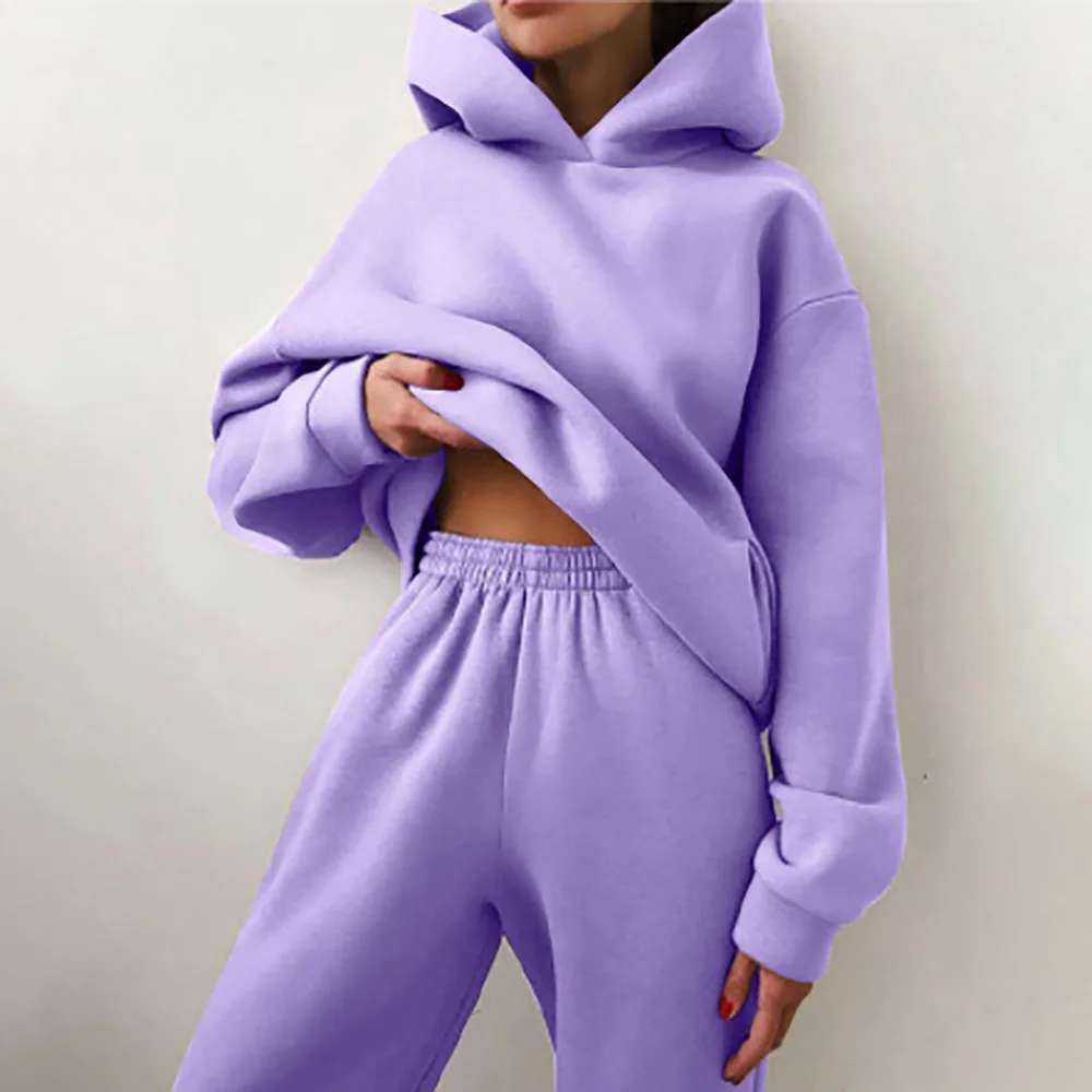 Autumn Women's Tracksuit Two Piece Sets Casual Solid Long Sleeve Hooded Sports Suit Warm Hoodie Sweatshirts Long Pant