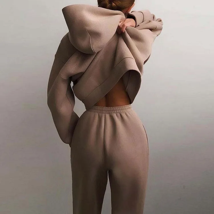 Autumn Women's Tracksuit Two Piece Sets Casual Solid Long Sleeve Hooded Sports Suit Warm Hoodie Sweatshirts Long Pant