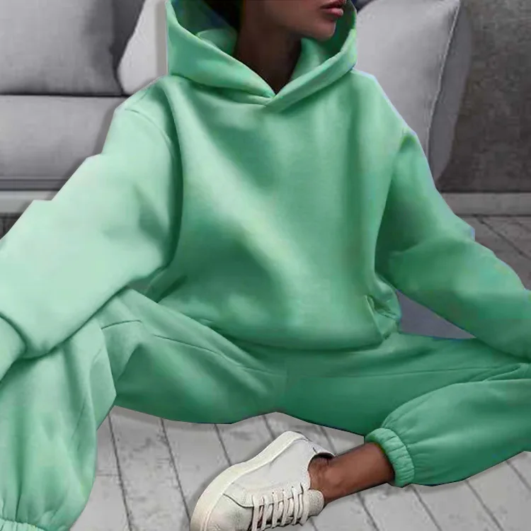 Autumn Women's Tracksuit Two Piece Sets Casual Solid Long Sleeve Hooded Sports Suit Warm Hoodie Sweatshirts Long Pant