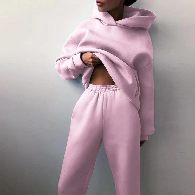 Autumn Women's Tracksuit Two Piece Sets Casual Solid Long Sleeve Hooded Sports Suit Warm Hoodie Sweatshirts Long Pant
