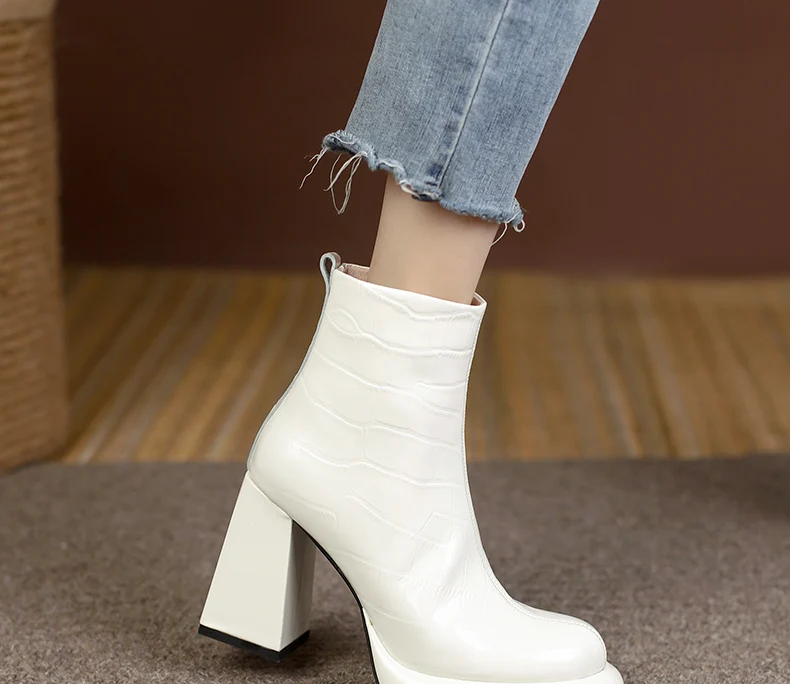 PRXDONG New Women's Square High Heels Genuine Cow Leather Luxury Shoes Fashion Comfortable Round Toe Ankle Boots Autumn Winter