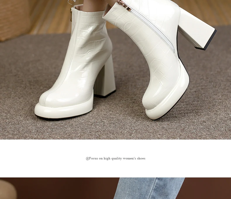 PRXDONG New Women's Square High Heels Genuine Cow Leather Luxury Shoes Fashion Comfortable Round Toe Ankle Boots Autumn Winter