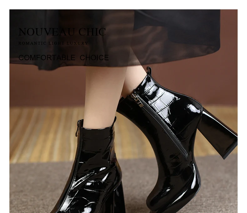 PRXDONG New Women's Square High Heels Genuine Cow Leather Luxury Shoes Fashion Comfortable Round Toe Ankle Boots Autumn Winter