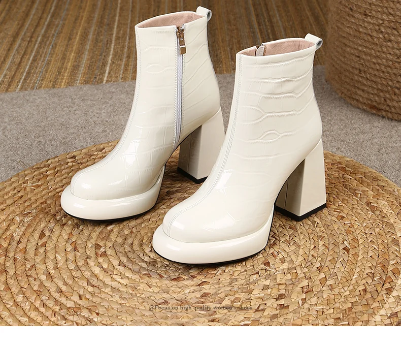 PRXDONG New Women's Square High Heels Genuine Cow Leather Luxury Shoes Fashion Comfortable Round Toe Ankle Boots Autumn Winter