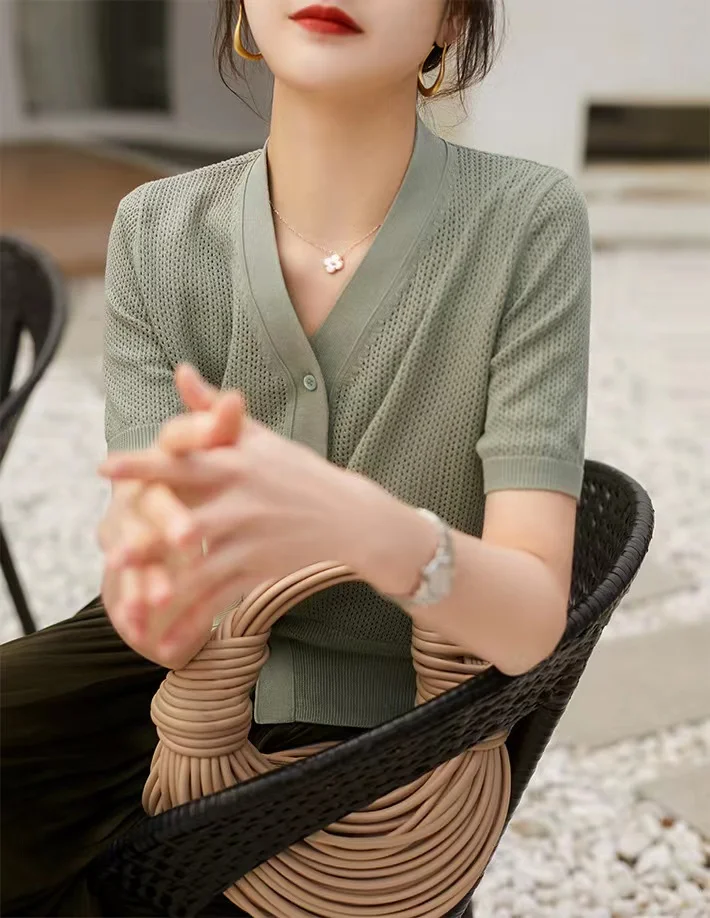 hollow out knit cardigan ice silk short sleeve female summer new air conditioning shirt cotton and linen sunscreen jacket