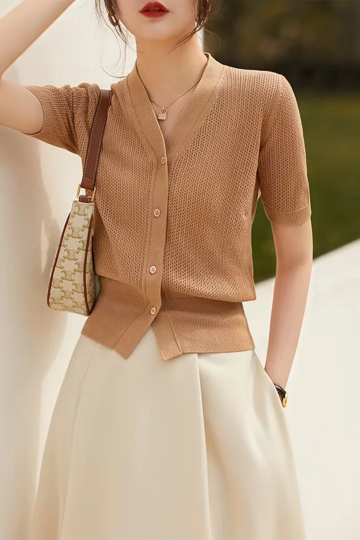 hollow out knit cardigan ice silk short sleeve female summer new air conditioning shirt cotton and linen sunscreen jacket