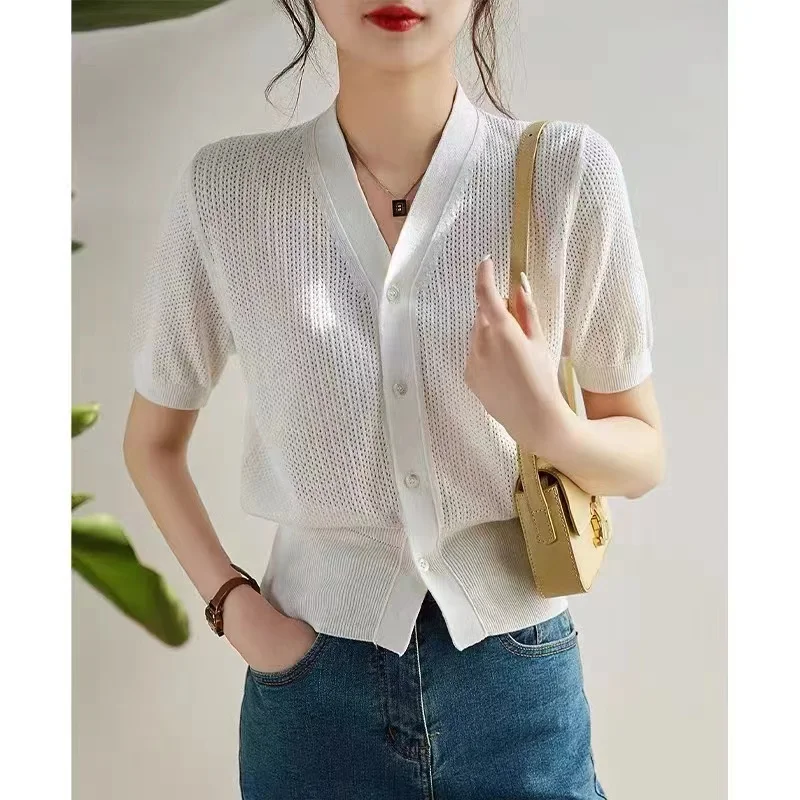 hollow out knit cardigan ice silk short sleeve female summer new air conditioning shirt cotton and linen sunscreen jacket