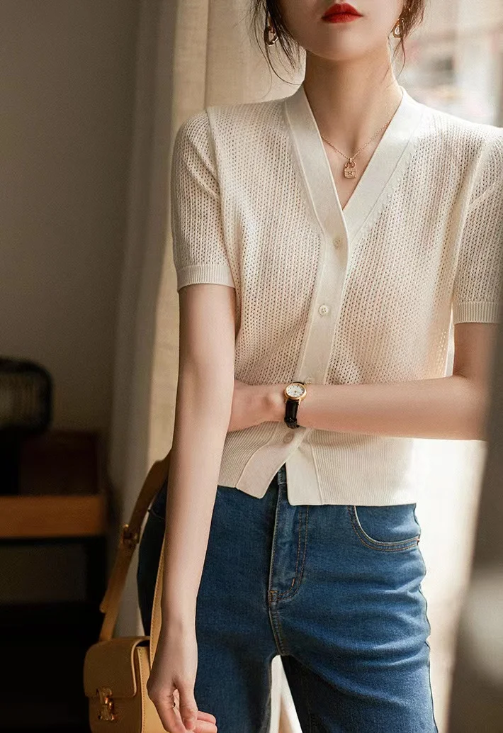 hollow out knit cardigan ice silk short sleeve female summer new air conditioning shirt cotton and linen sunscreen jacket