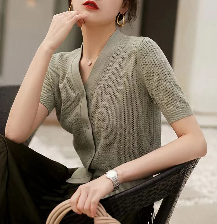 hollow out knit cardigan ice silk short sleeve female summer new air conditioning shirt cotton and linen sunscreen jacket
