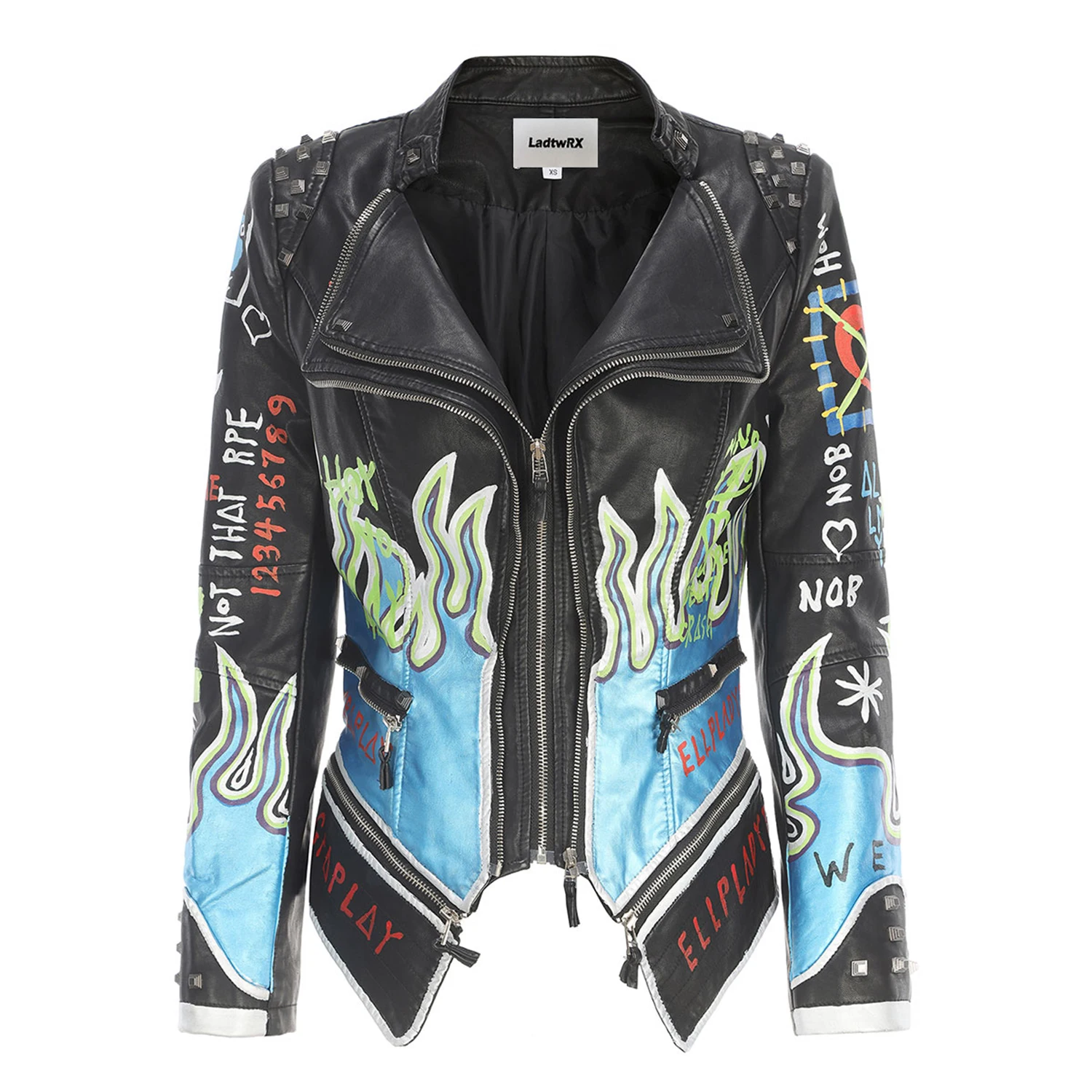 New Stylish Vintage Letter Irregular Hand-Painting Women Steampunk Studs Jacket Lapel Collar Fashion Slim Elegant Lady Coat