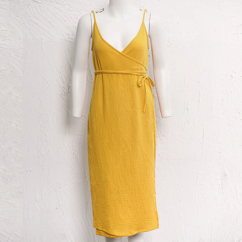 Summer 100% Cotton Muslin Women'S Dress V-Neck Tie-Up Sexy Sleeveless Bandage Long Maxi Dresses Party Holiday Vestido